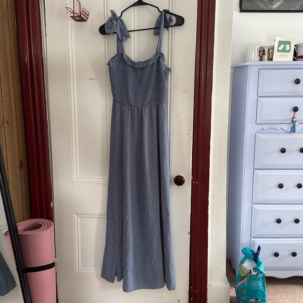 Long blue dress with ruffle top, adjustable tie-straps